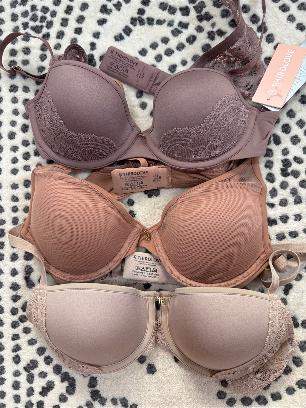 ThirdLove Lace-Trim T-Shirt Bras in Mauve, Blush, and Rose Dust — 3-Pack
